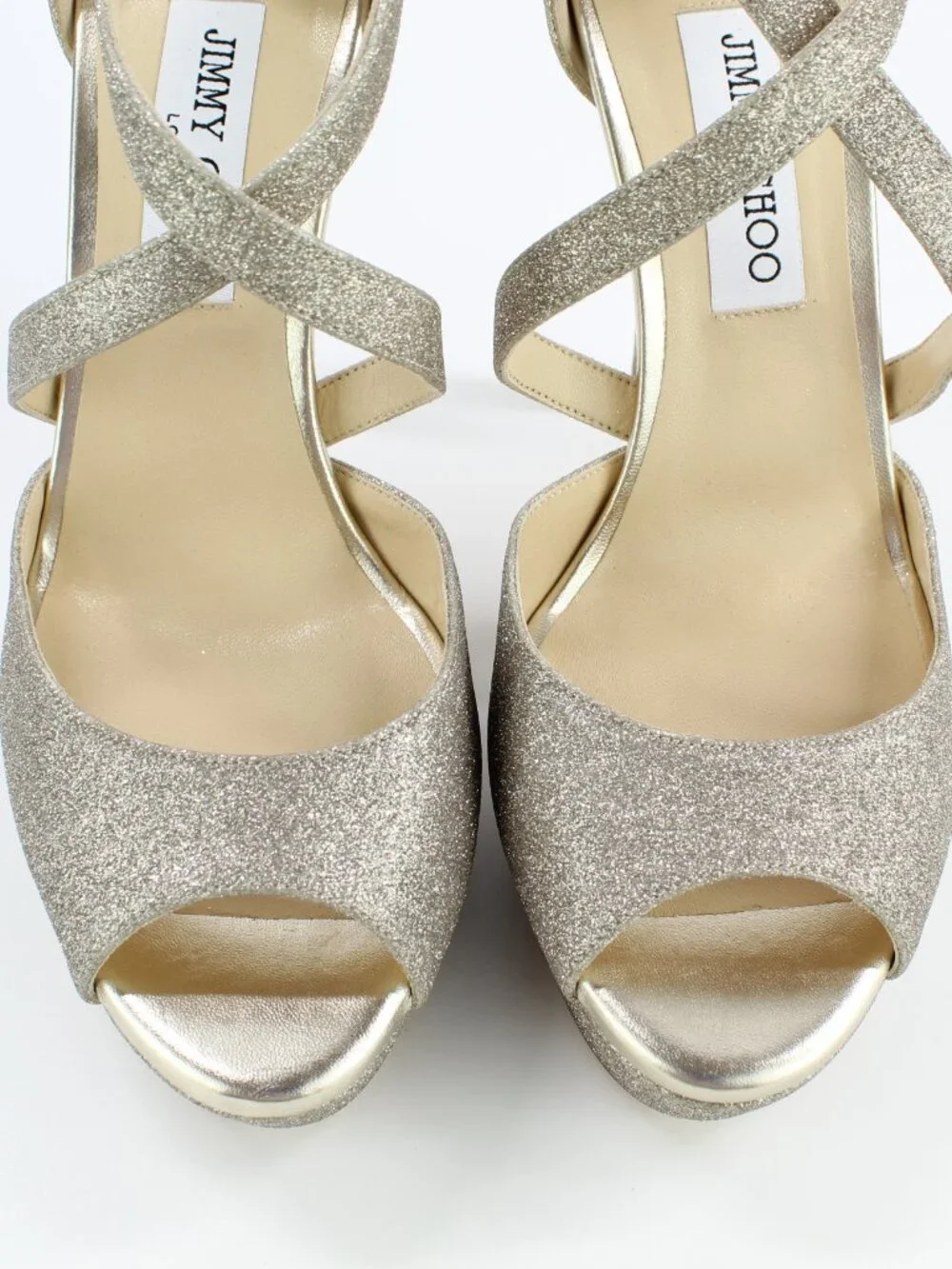 NEW JIMMY CHOO Jenique 125 Glittered Platform Sandals, EU 41, Platinum Ice